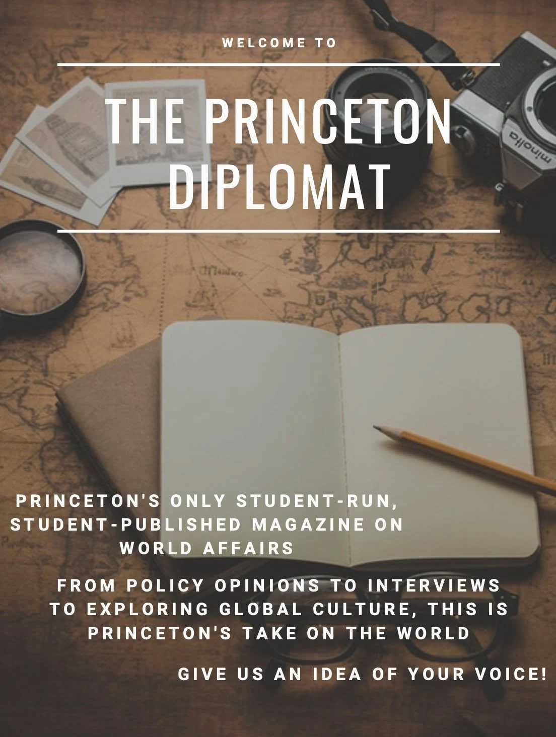 The Princeton Diplomat magazine advertisement featuring a map, camera and open notebook